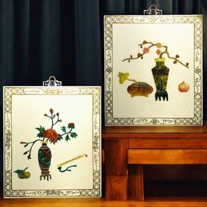 Chinese Japanese Carved Stone Wall Art Wood Plaque Panel Sakura Flower Vase Set